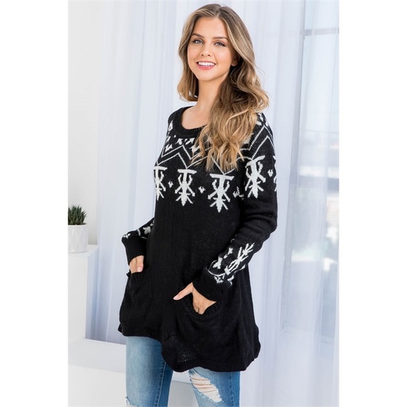 Round neck pocket detail Holiday pattern sweater - Picture 2 of 9